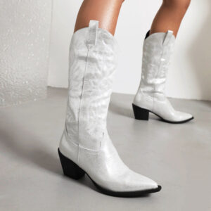 Tall Western-style Boots Adorned With Embroidered, Shimmering Fabric