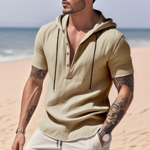 Breathable Linen Hooded Henley Shirt With Short Sleeves